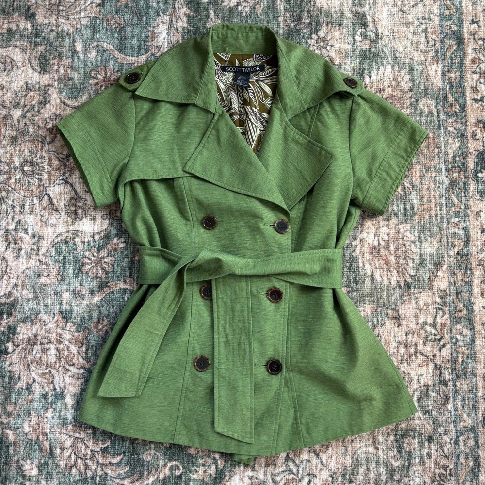 Vintage Scott Taylor Trench Jacket M Green Silk Blend Y2K Babydoll Safari Romcom